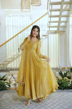 MUSTARD FOIL WORK GOWN SET 
 ROYAL ANARKALI