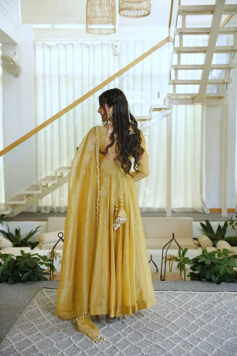 MUSTARD FOIL WORK GOWN SET 
 ROYAL ANARKALI