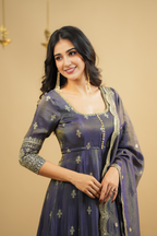 Saakshi`s Grey Cosmo Slik Anarkali Suit With Skirt