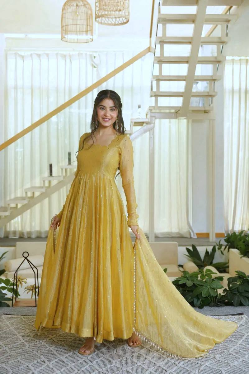 MUSTARD FOIL WORK GOWN SET 
 ROYAL ANARKALI