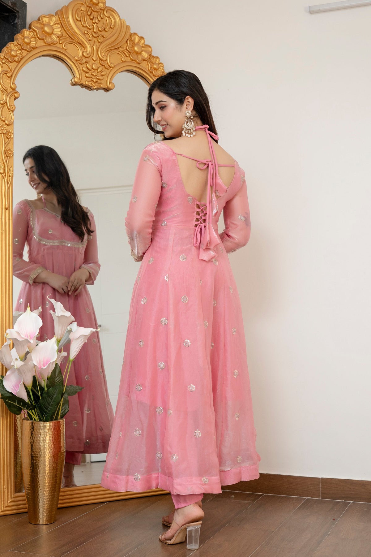 Tridha Fendy Silk Blush Pink Anarkali Premium Suit Set