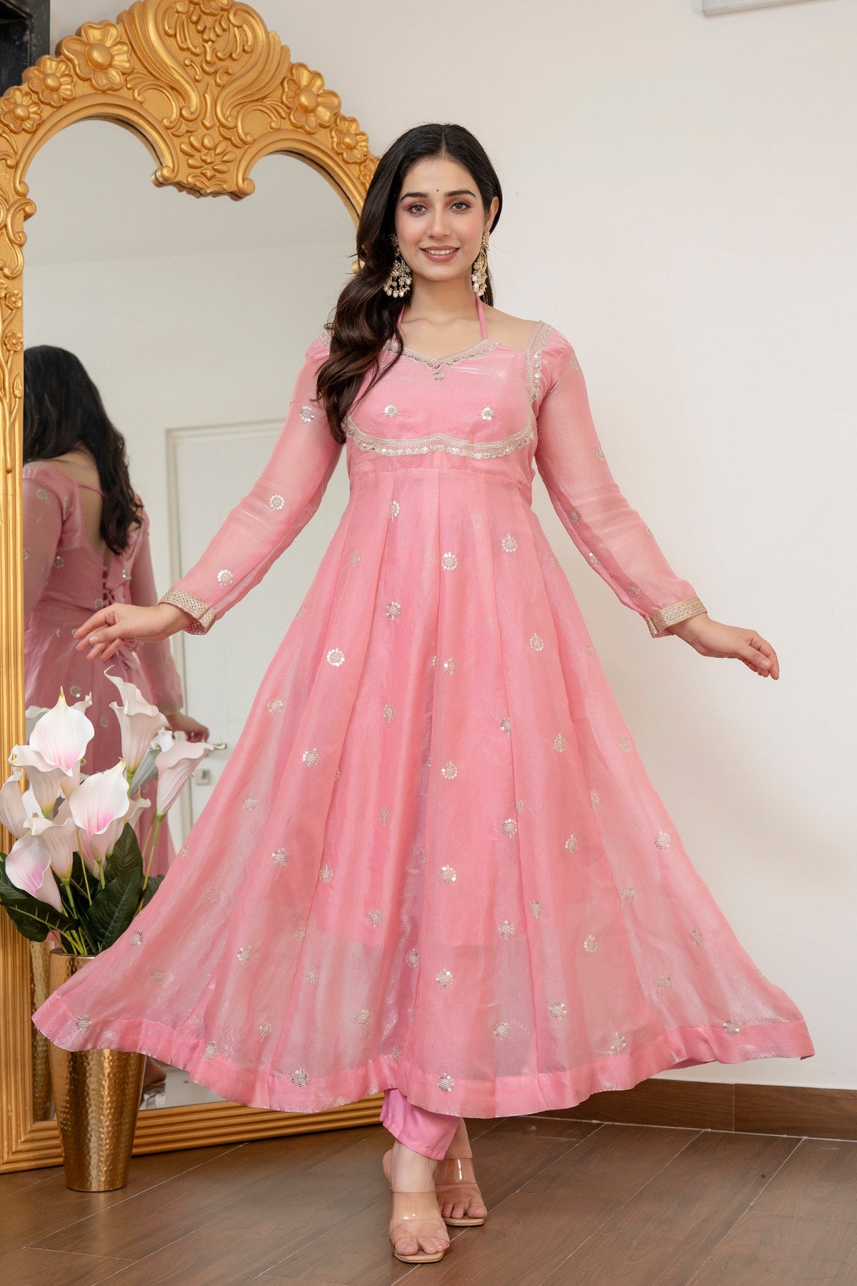 Tridha Fendy Silk Blush Pink Anarkali Premium Suit Set