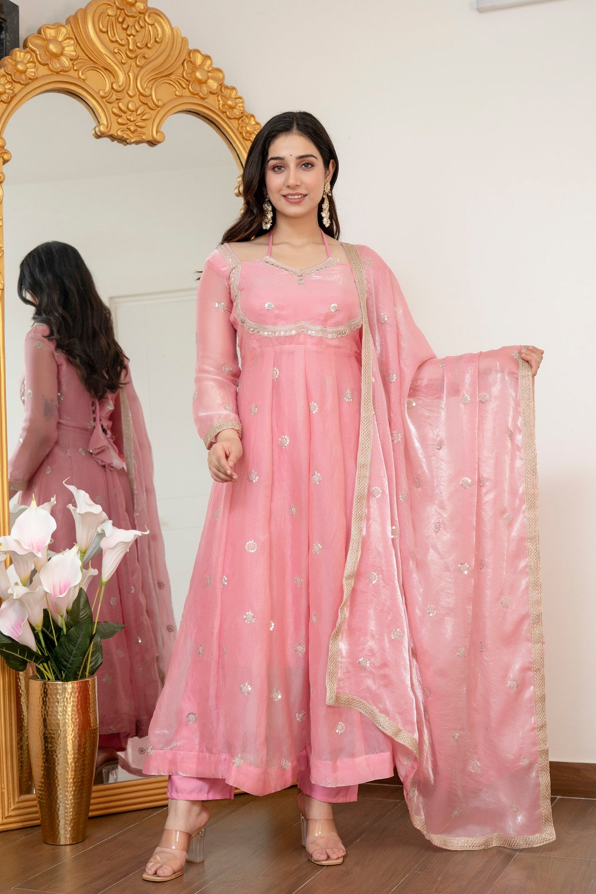 Tridha Fendy Silk Blush Pink Anarkali Premium Suit Set