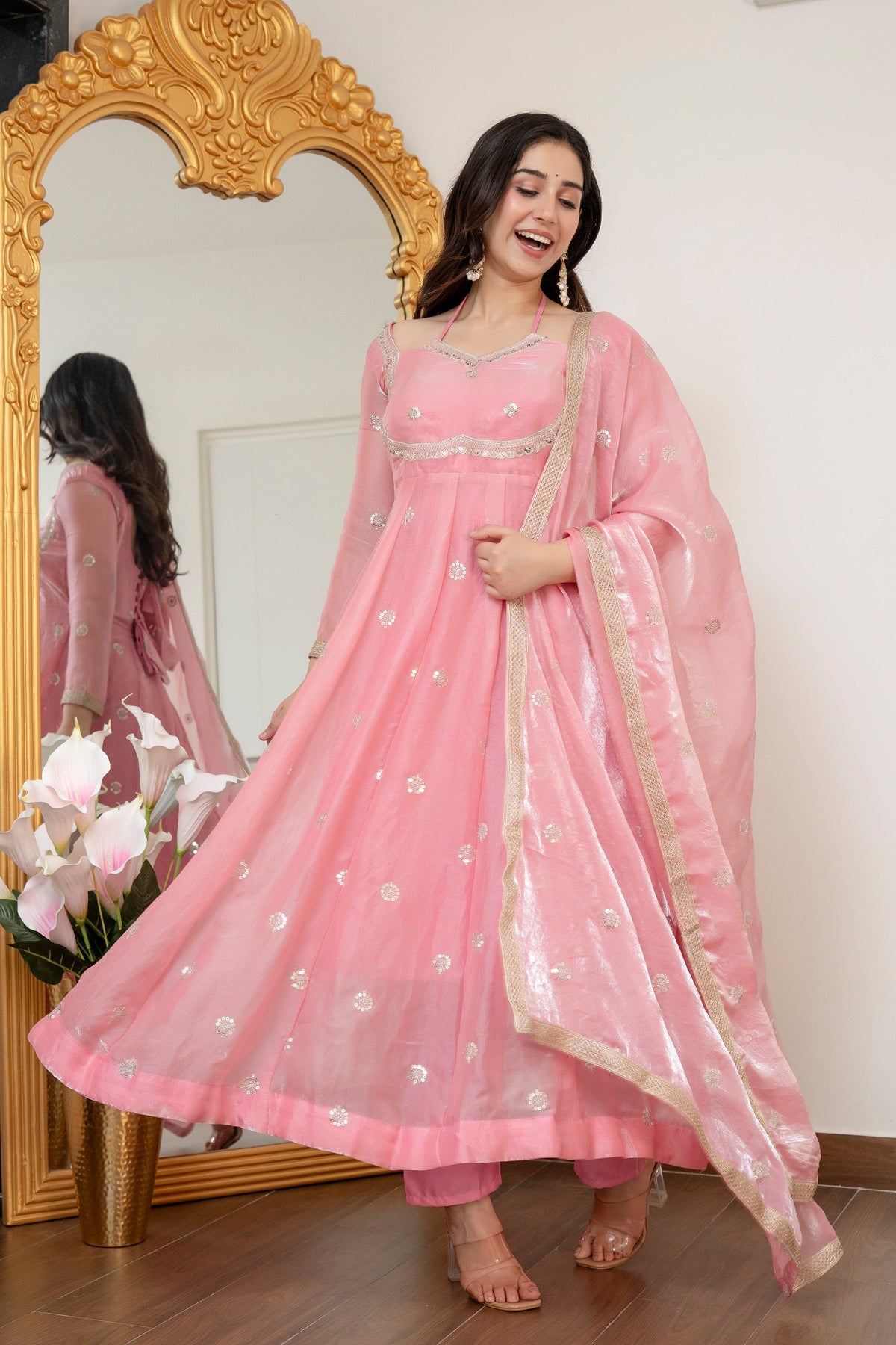 Tridha Fendy Silk Blush Pink Anarkali Premium Suit Set