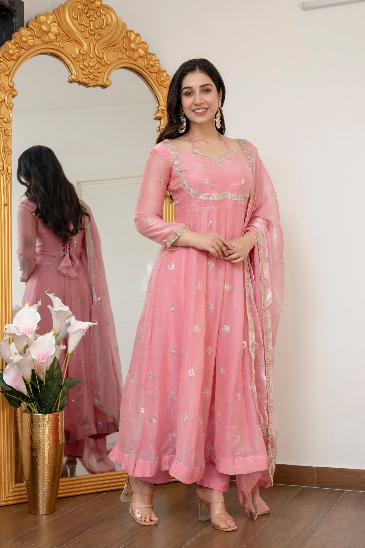 Tridha Fendy Silk Blush Pink Anarkali Premium Suit Set