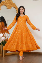 Luxury Mustard Embroidered Georgette Anarkali Suit