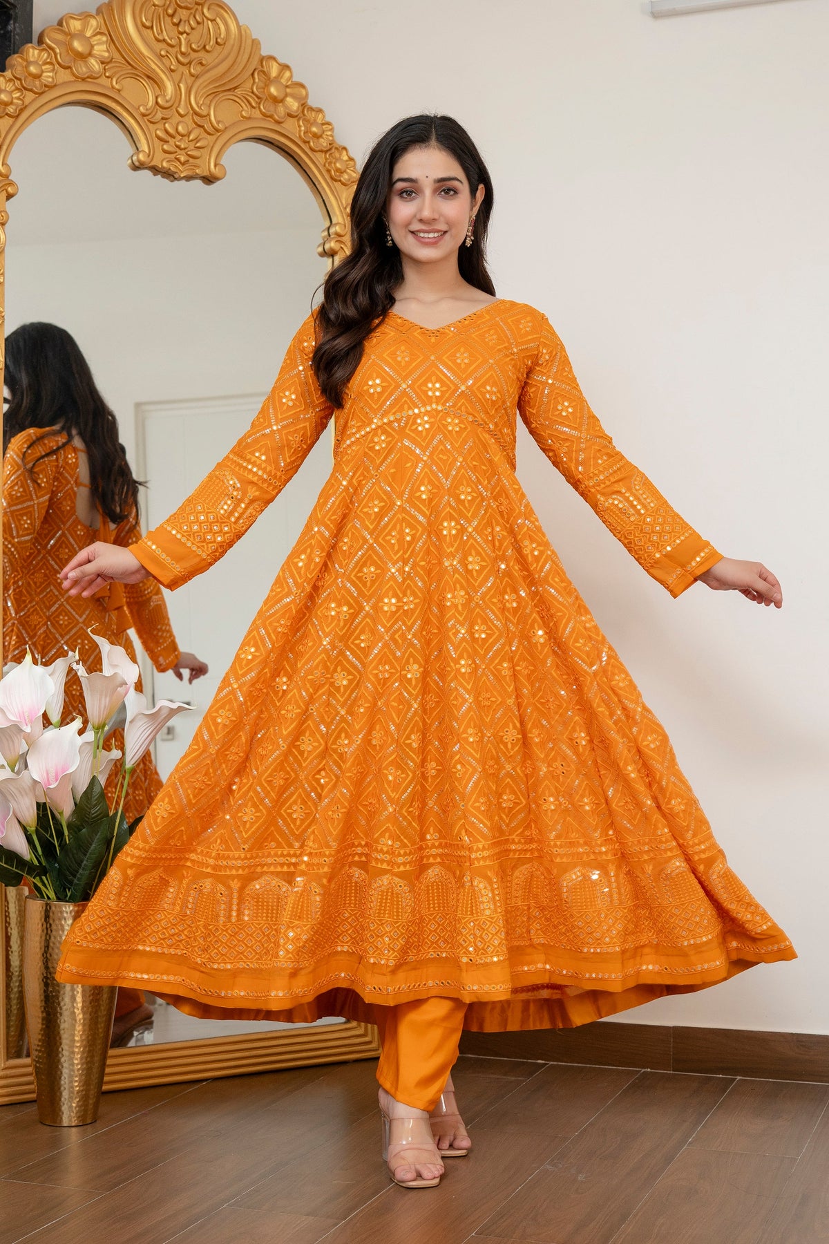 Luxury Mustard Embroidered Georgette Anarkali Suit