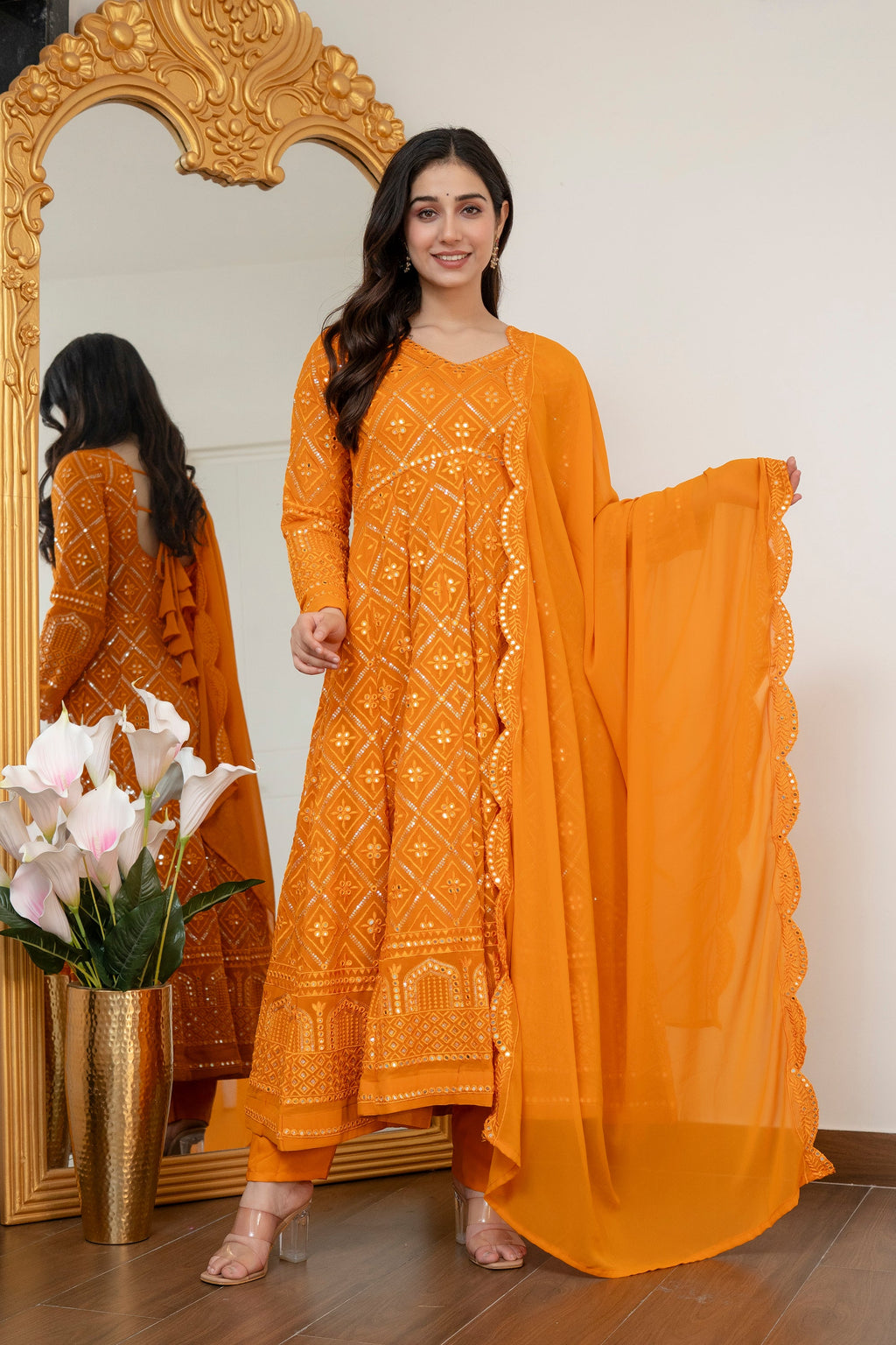 Luxury Mustard Embroidered Georgette Anarkali Suit
