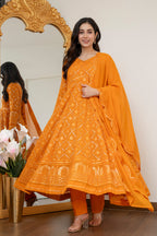 Luxury Mustard Embroidered Georgette Anarkali Suit