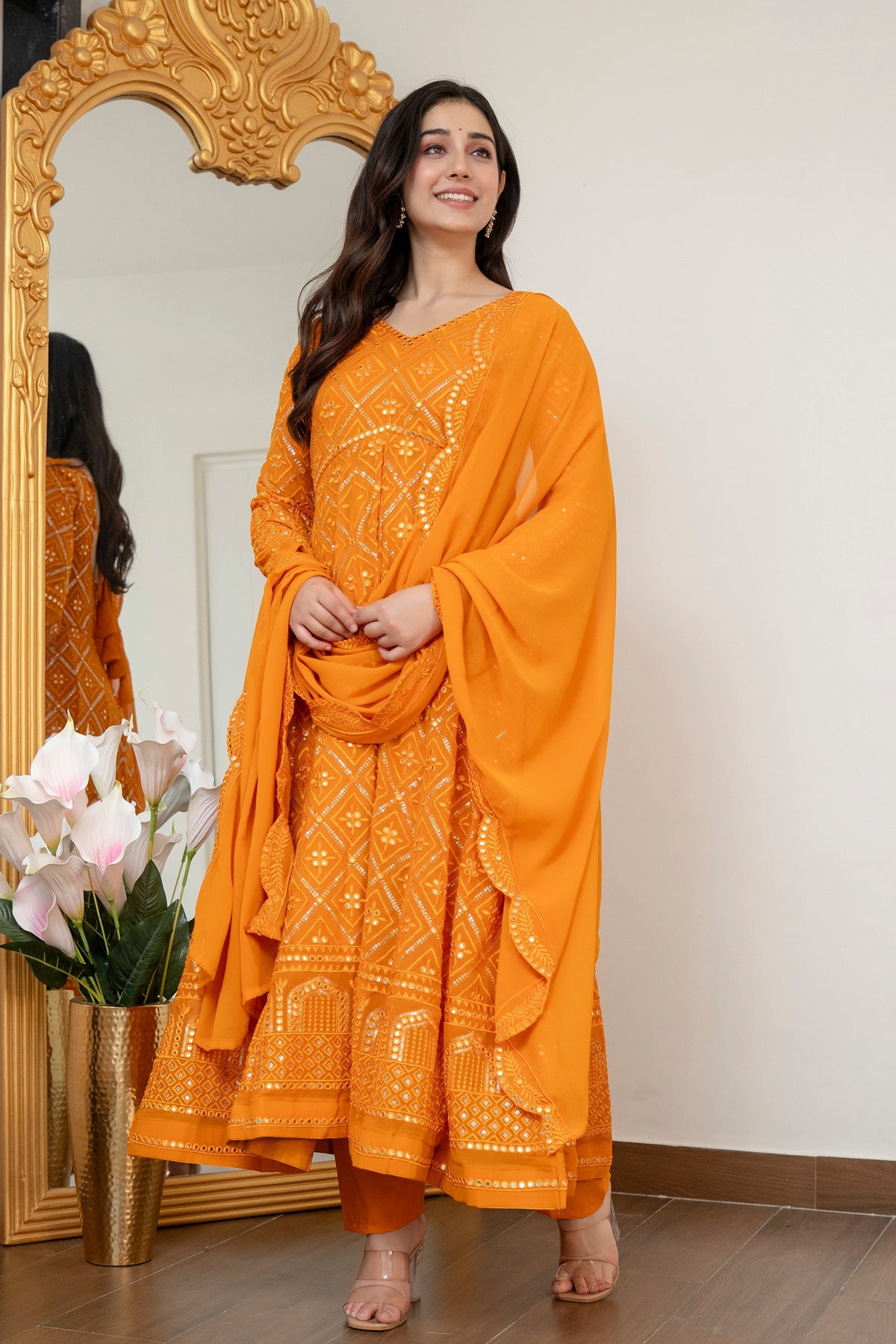 Luxury Mustard Embroidered Georgette Anarkali Suit