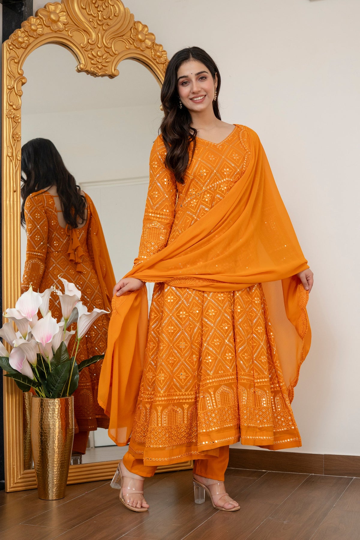 Luxury Mustard Embroidered Georgette Anarkali Suit