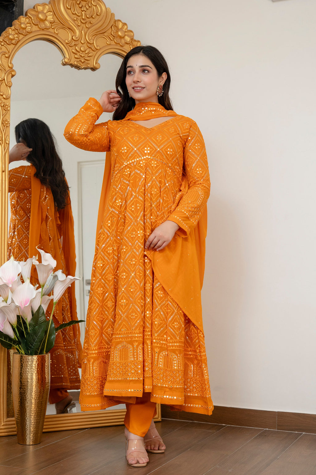 Luxury Mustard Embroidered Georgette Anarkali Suit