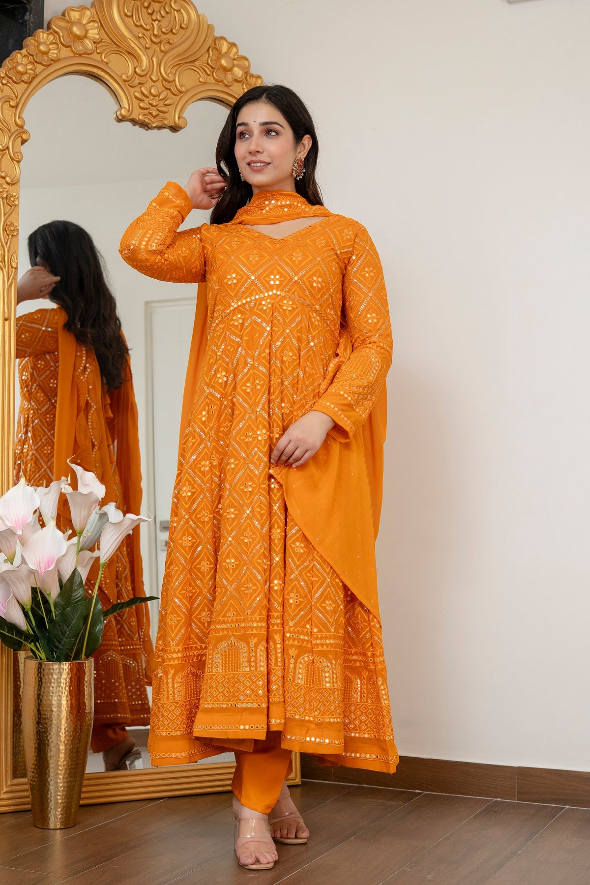 Luxury Mustard Embroidered Georgette Anarkali Suit