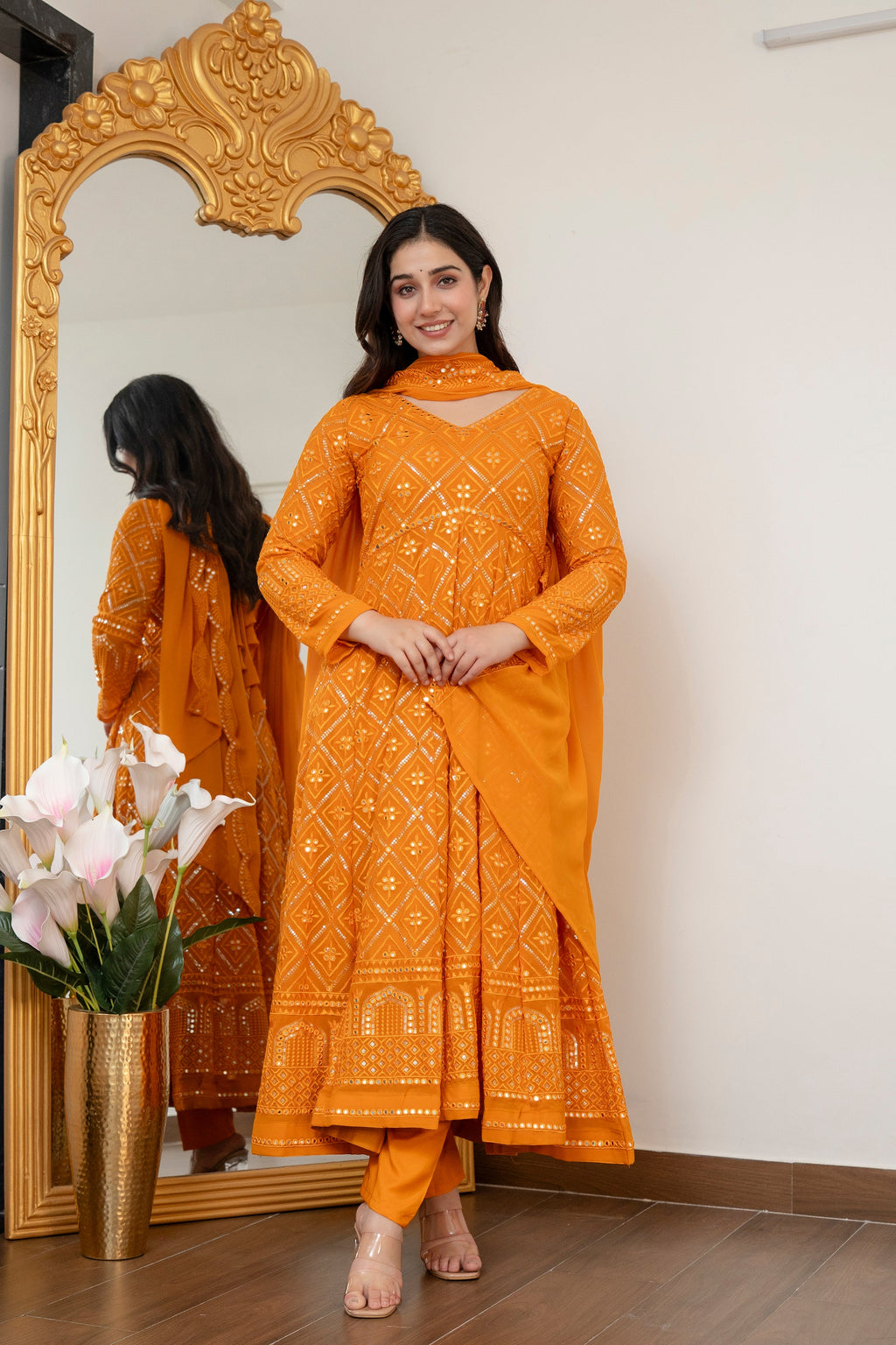 Luxury Mustard Embroidered Georgette Anarkali Suit