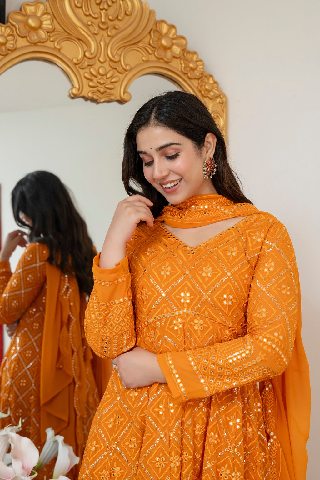 Luxury Mustard Embroidered Georgette Anarkali Suit