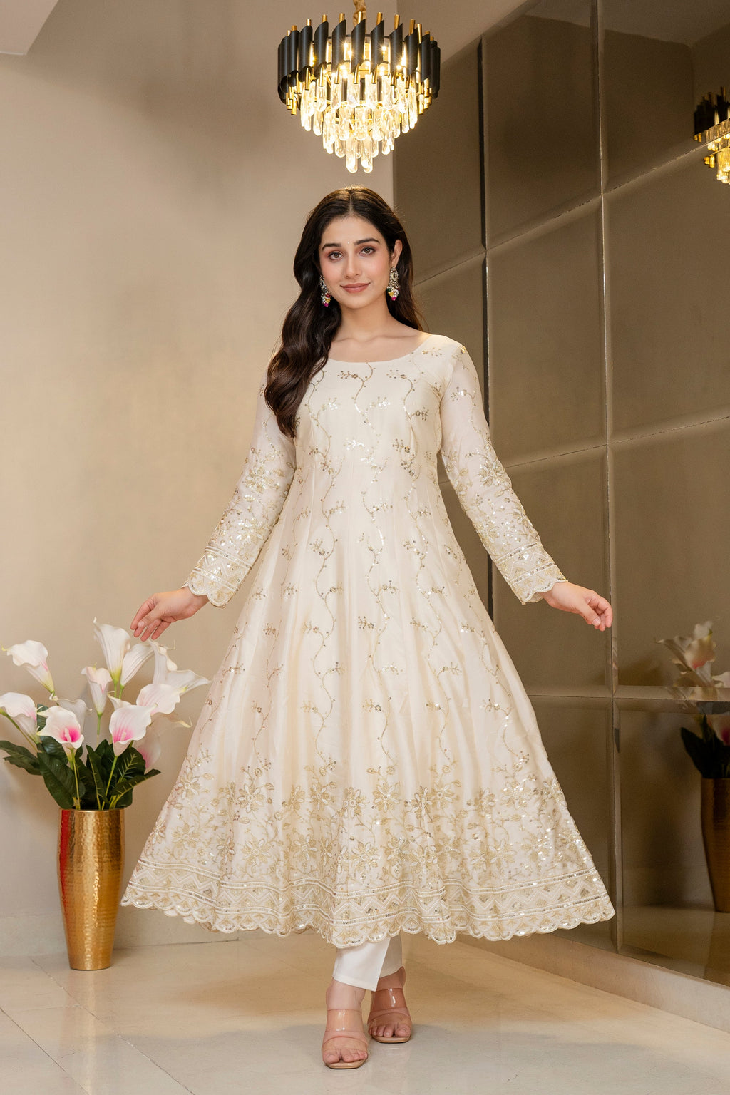 Premium Ivory Royal Zari Work Kali Cut Anarkali Suit Set