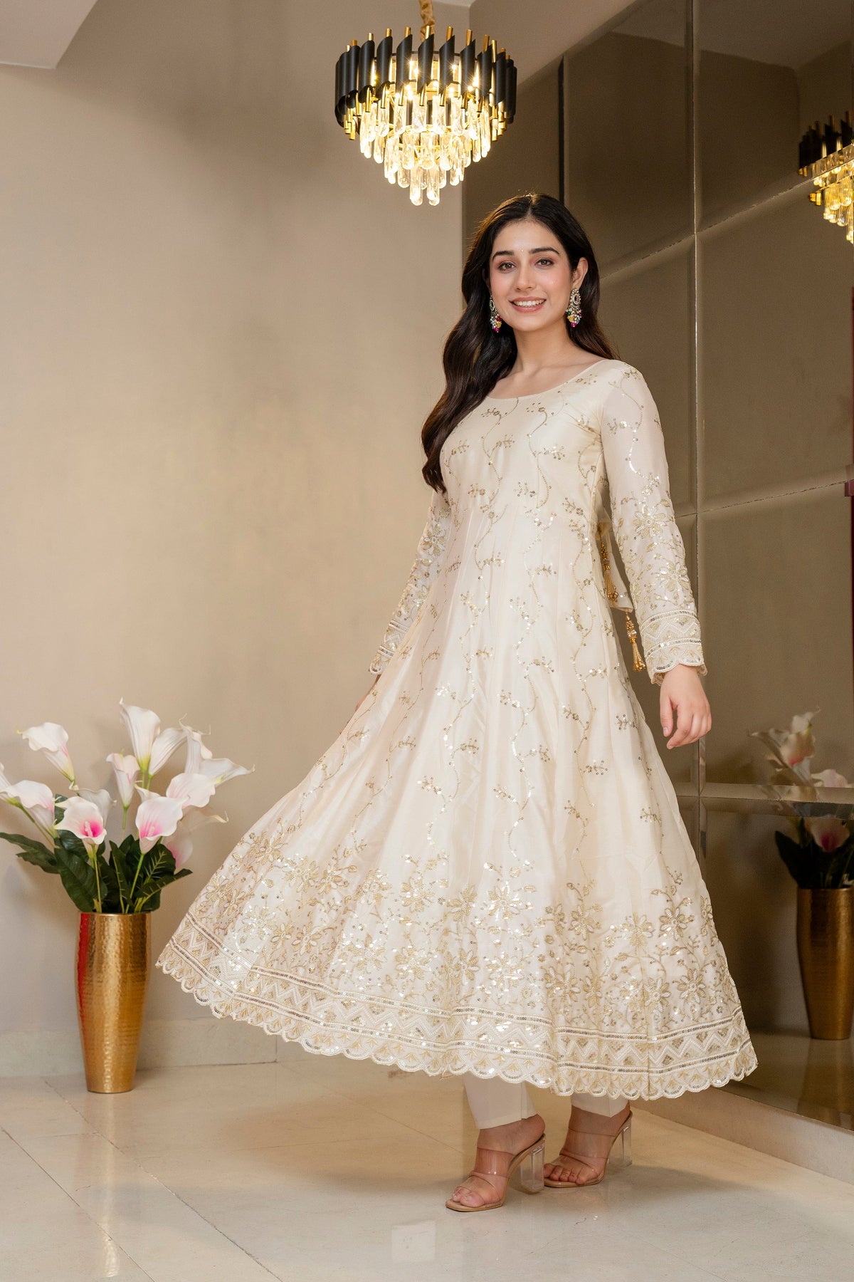 Premium Ivory Royal Zari Work Kali Cut Anarkali Suit Set