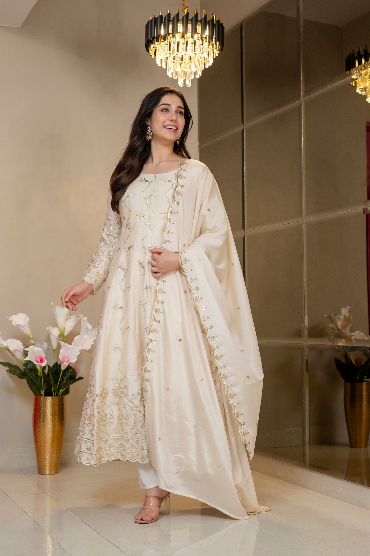 Premium Ivory Royal Zari Work Kali Cut Anarkali Suit Set