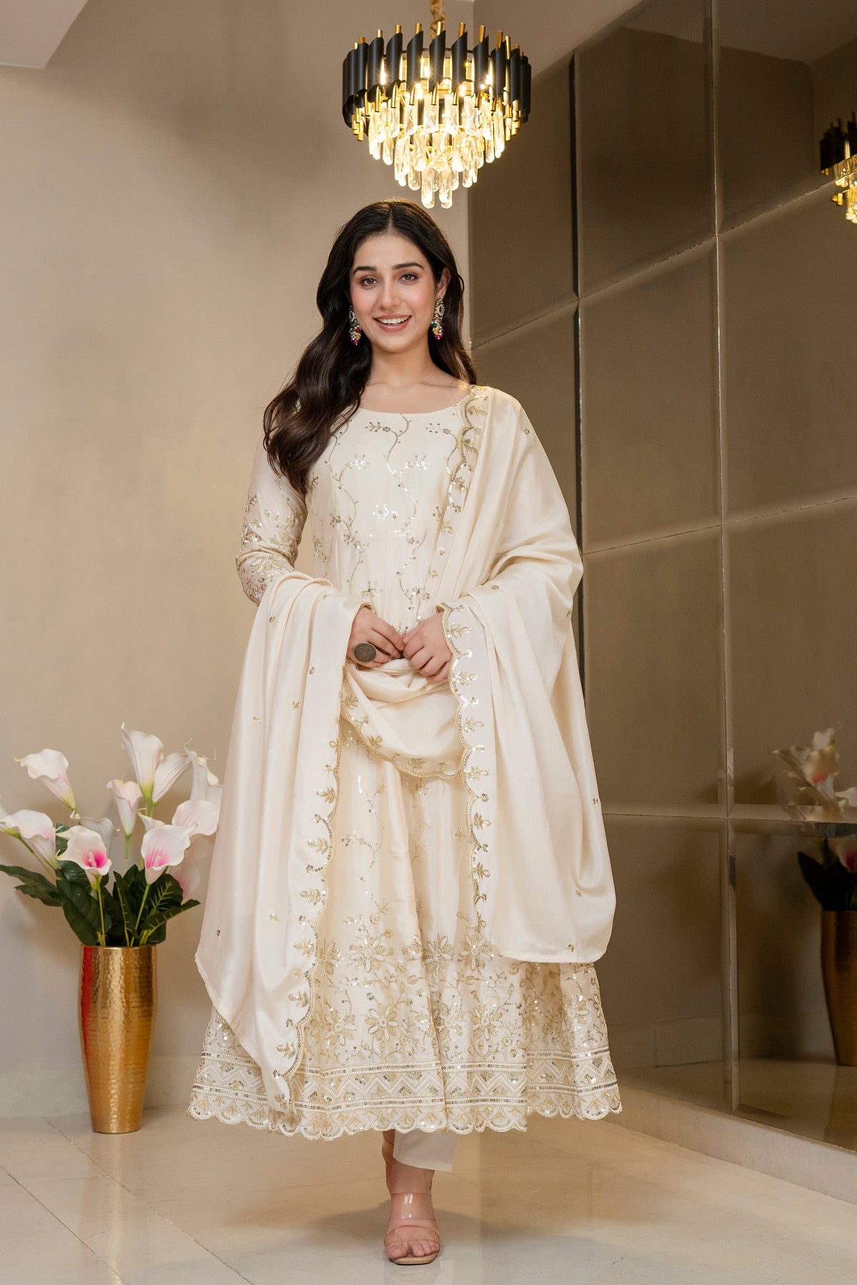 Premium Ivory Royal Zari Work Kali Cut Anarkali Suit Set