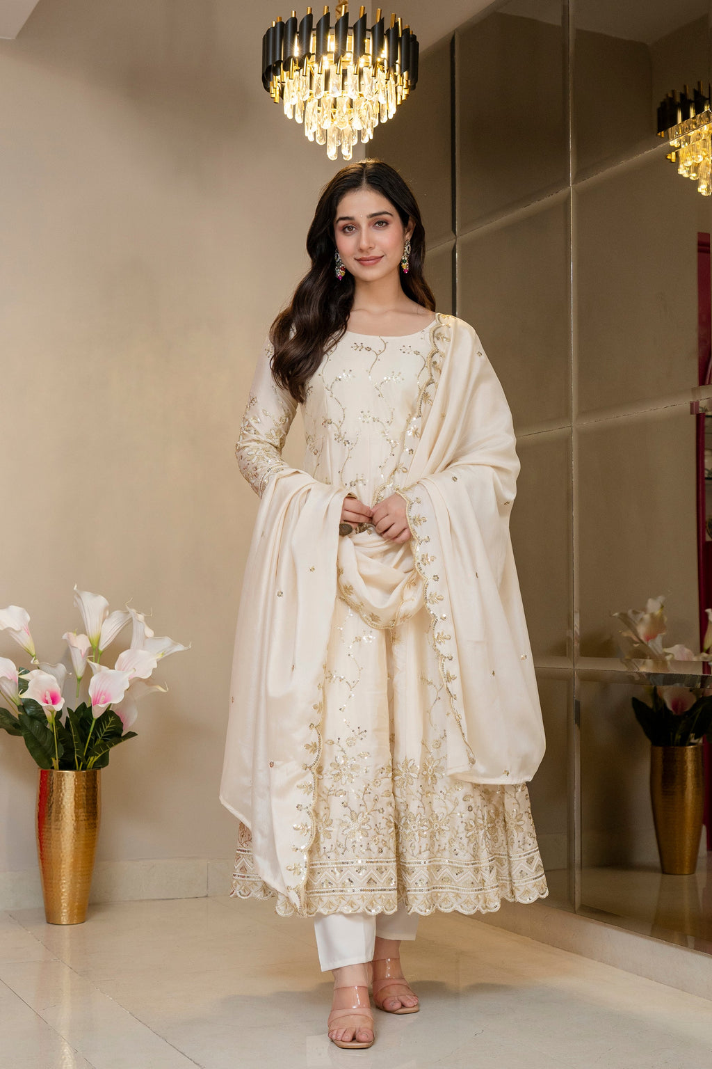 Premium Ivory Royal Zari Work Kali Cut Anarkali Suit Set