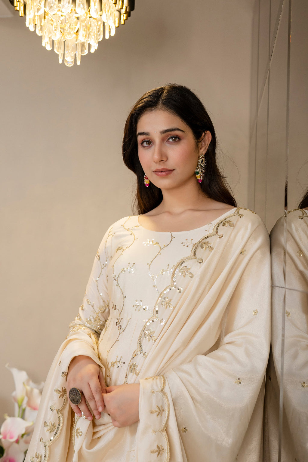 Premium Ivory Royal Zari Work Kali Cut Anarkali Suit Set