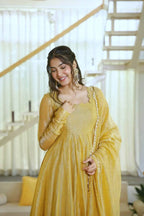 MUSTARD FOIL WORK GOWN SET 
 ROYAL ANARKALI