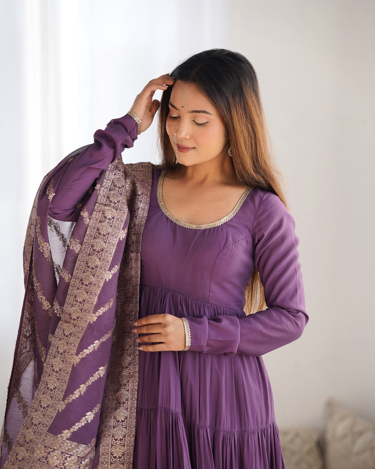 Premium Quality Roman Silk Dusty Anarkali  Suit Set
