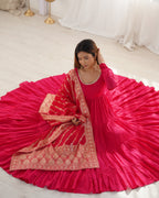 Premium Quality Roman Silk Pink Anarkali  Suit Set