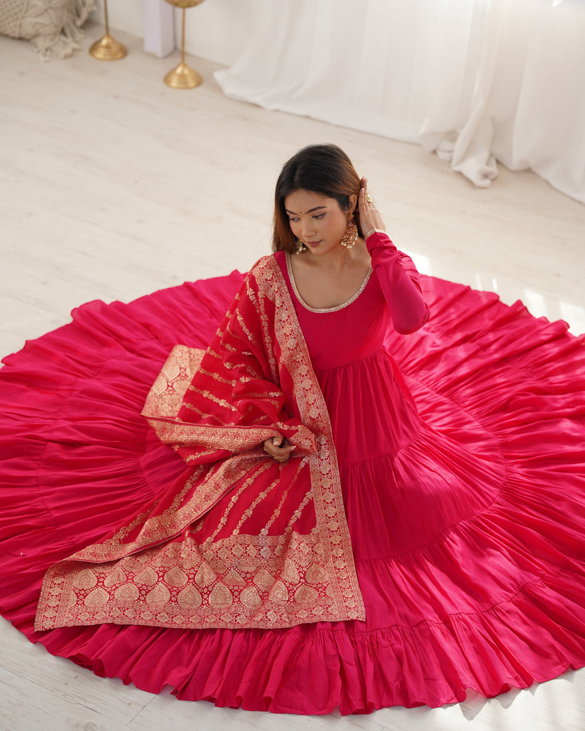 Premium Quality Roman Silk Pink Anarkali  Suit Set
