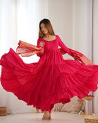 Premium Quality Roman Silk Pink Anarkali  Suit Set