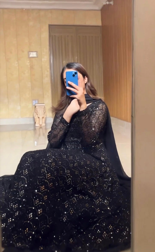 Adeena Black Faux Blooming Anarkali Style Sarara Suit Set