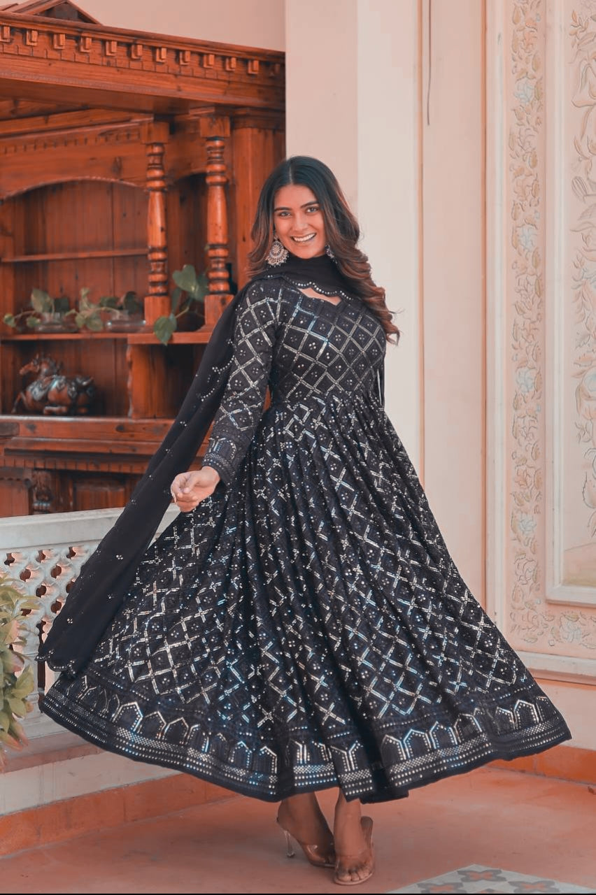 Black Coloured Lakhnavi Worked Premium Suit