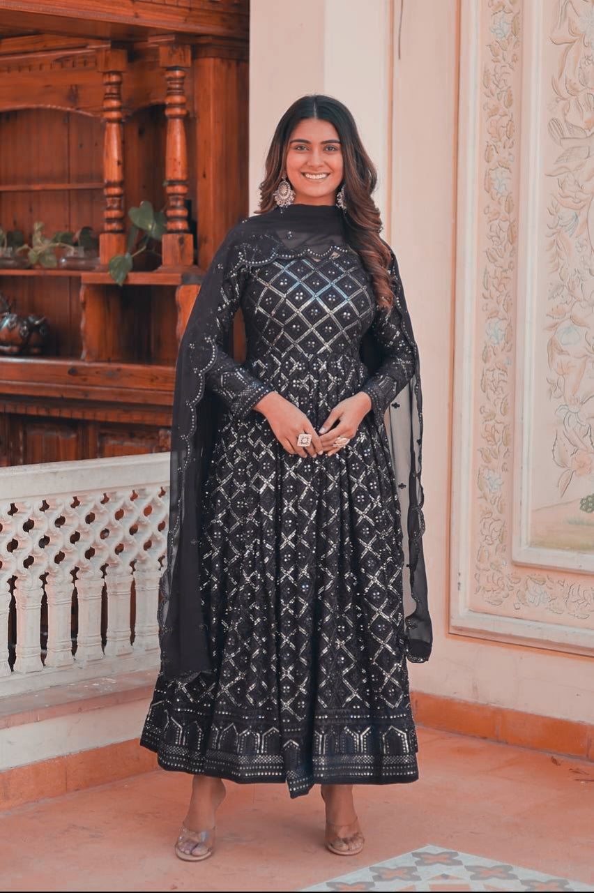 Black Coloured Lakhnavi Worked Premium Suit