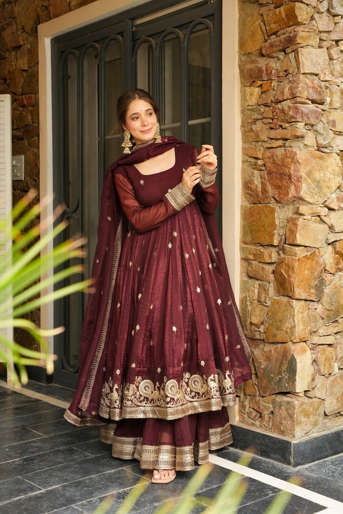 Azira Rama And Maroon Color Premium Anarkali Suit Set [Sleeves Fabric Attached]