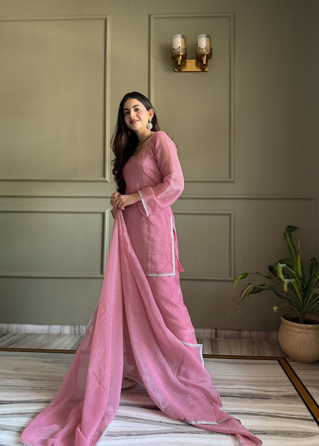 Beautiful Pure Chinon Silk Fabric Straight Fit Kurta, Dupatta With Trouser Set