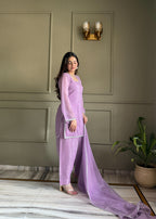 Beautiful Pure Chinon Silk Fabric Straight Fit Kurta, Dupatta With Trouser Set