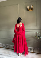 Red Luxe Lucknowi Sequence Anarkali Suit Set
