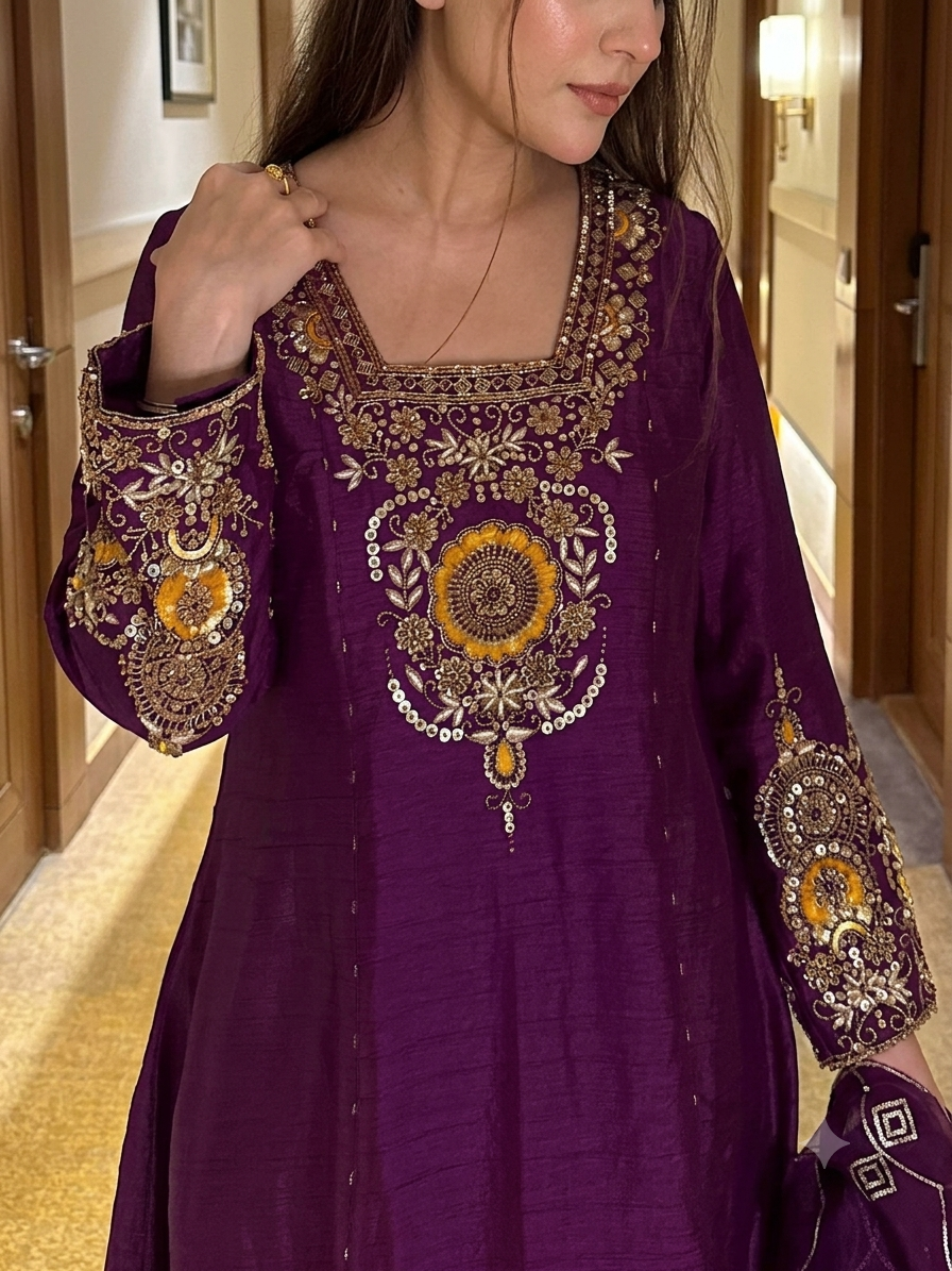 Royal Vichitra Silk Heavy Embroidered Anarkali Suit Set