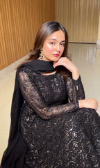Adeena Black Faux Blooming Anarkali Style Sarara Suit Set
