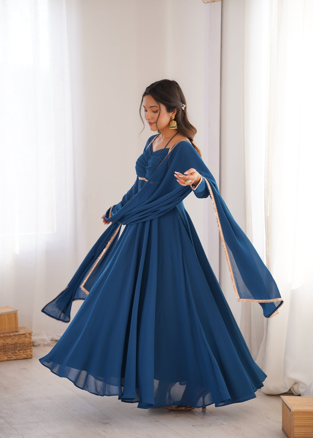 Premium Quality Blue shades And Red Anarkali Suit Set