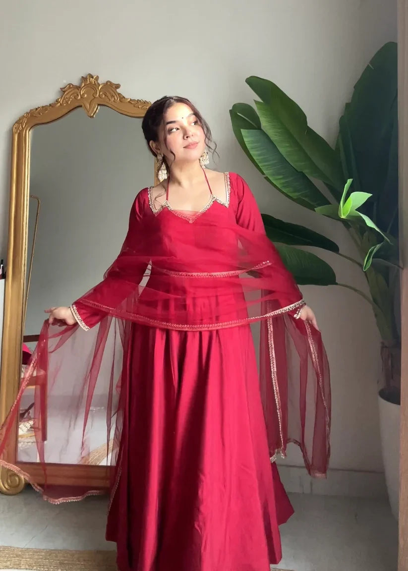 Neha Smooth Roman Silk Fabric Premium Anarkali Suit Set