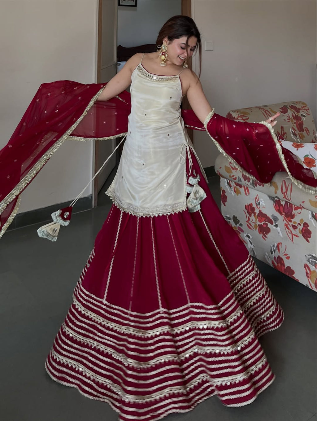 Ivory and Maroon Elegant Top Bottom Dupatta Suit Set