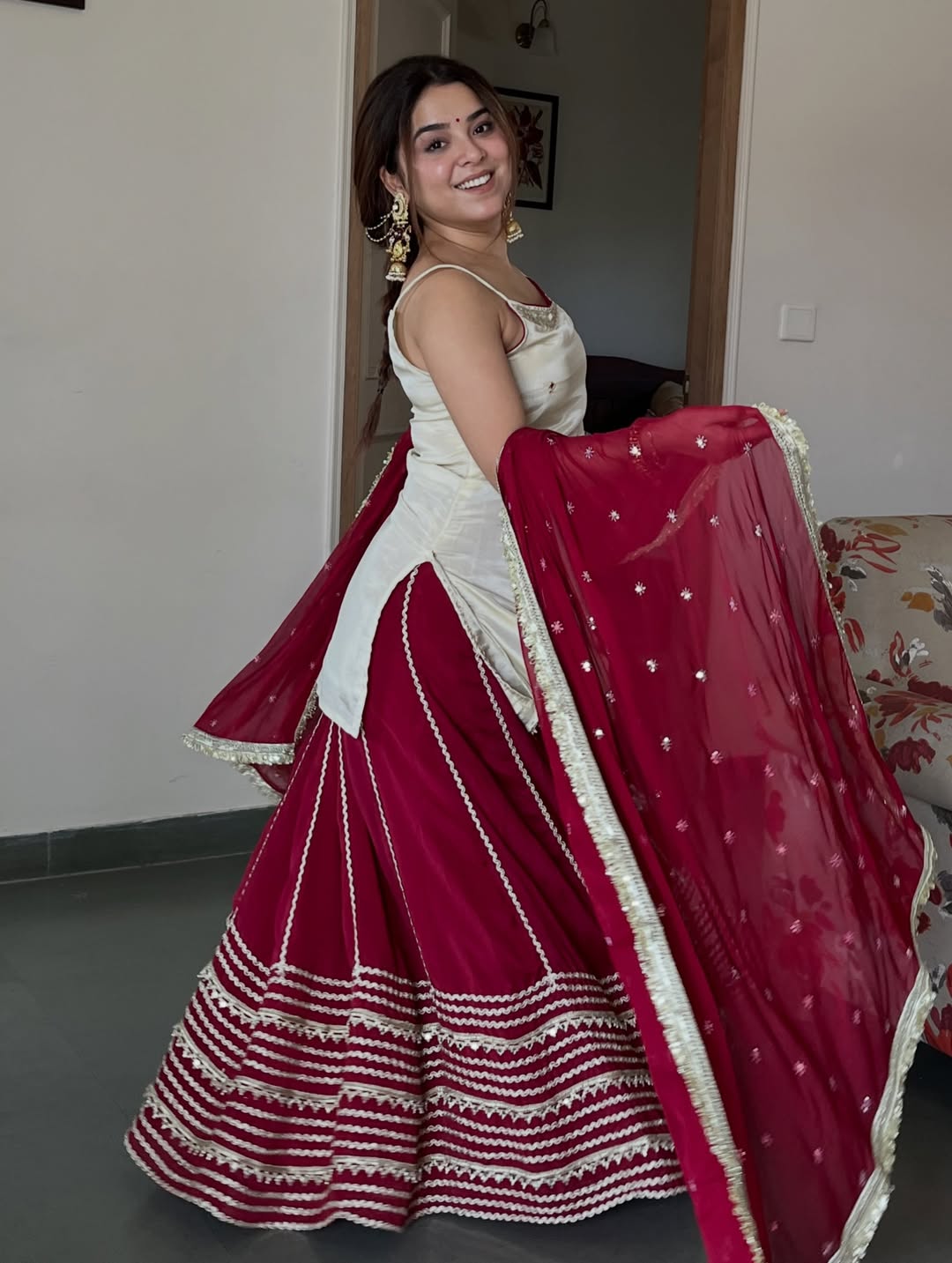 Ivory and Maroon Elegant Top Bottom Dupatta Suit Set