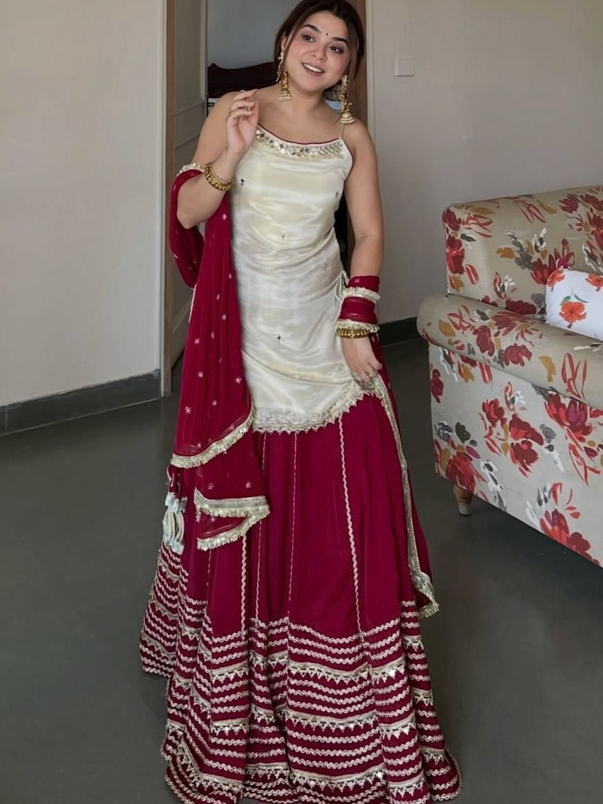 Ivory and Maroon Elegant Top Bottom Dupatta Suit Set