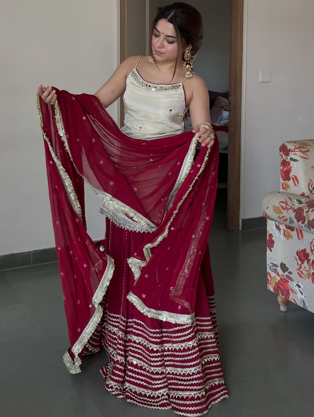 Ivory and Maroon Elegant Top Bottom Dupatta Suit Set