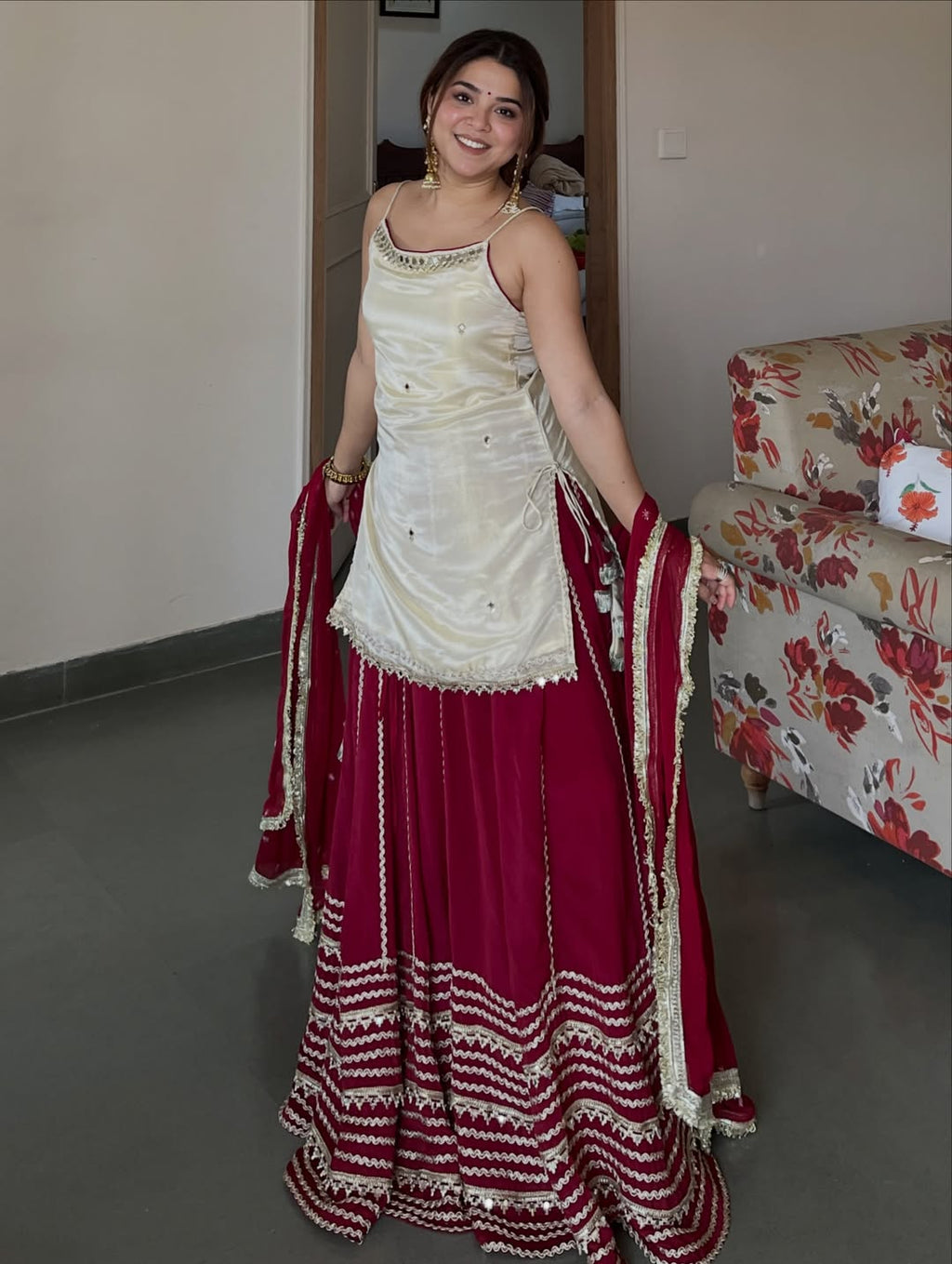 Ivory and Maroon Elegant Top Bottom Dupatta Suit Set