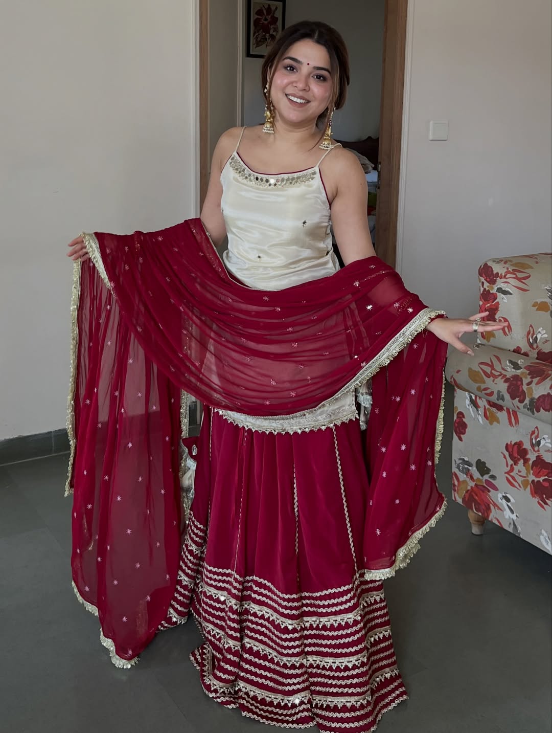 Ivory and Maroon Elegant Top Bottom Dupatta Suit Set