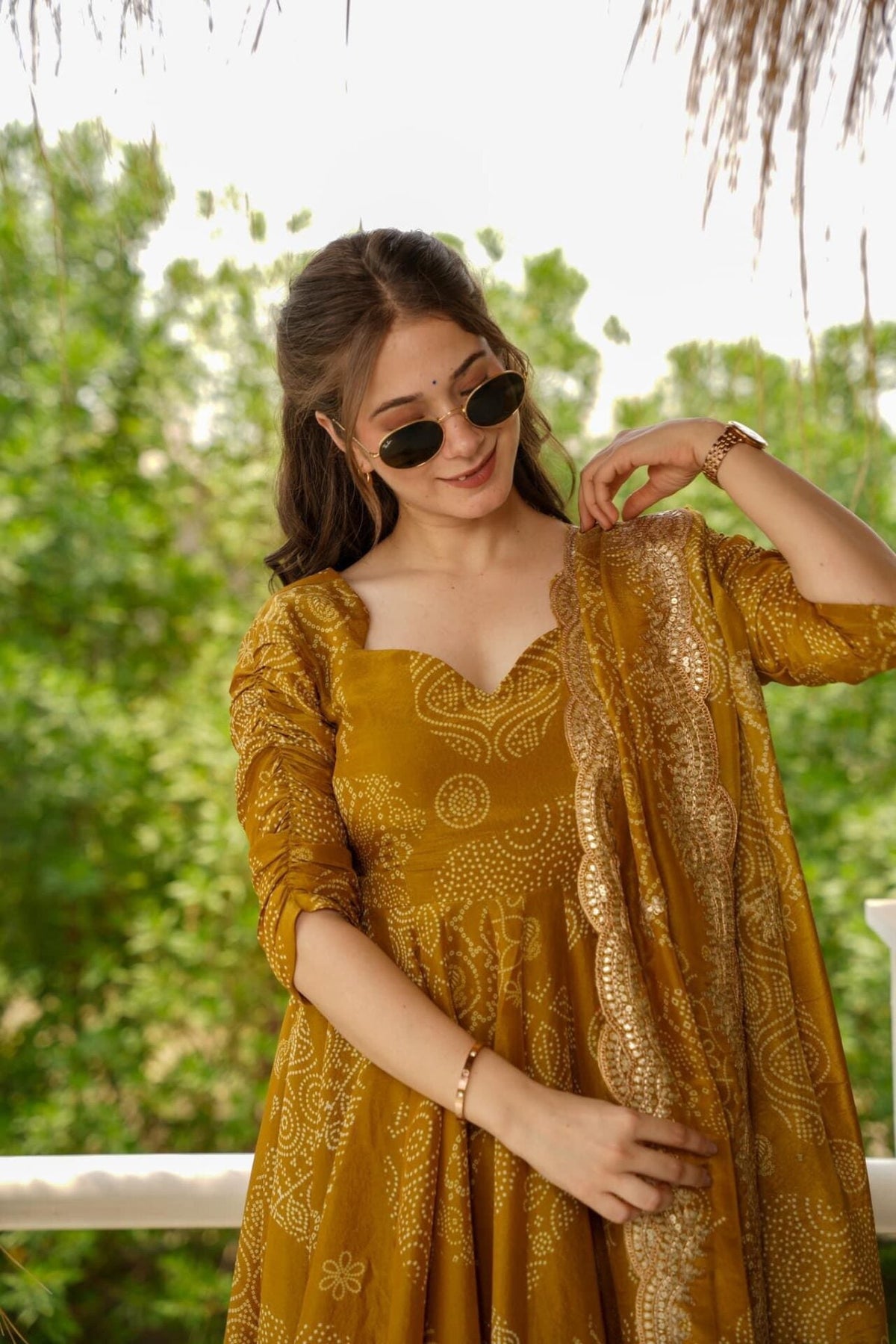 Bandhani Mehndi Colour Anarkali Suit Set