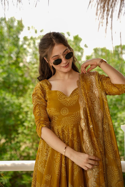 Bandhani Mehndi Colour Anarkali Suit Set