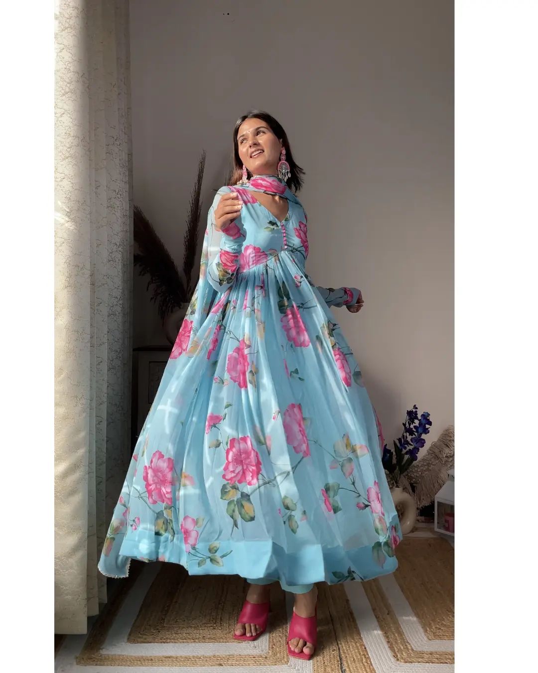 Aniska Sky Blue Floral Print Suit Set